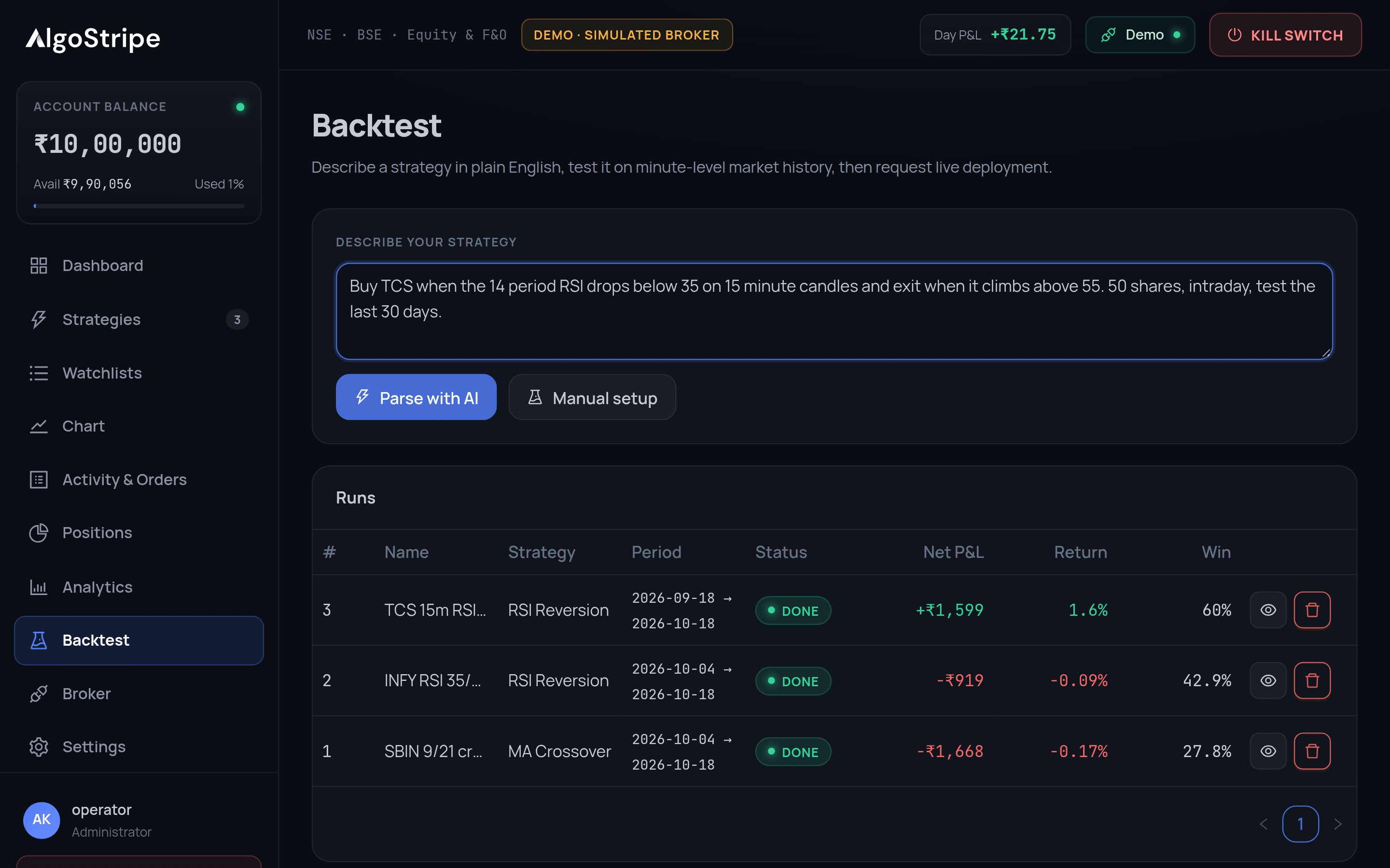 Backtest page with a strategy described in plain English