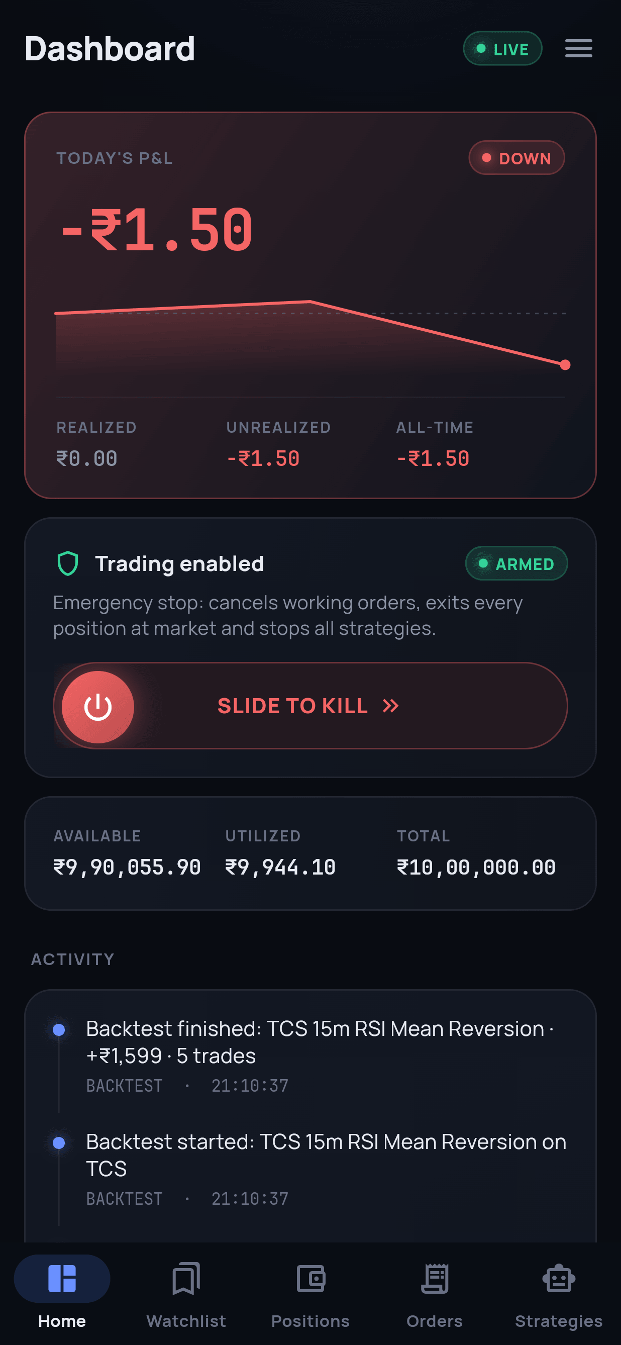 Mobile app dashboard with the slide-to-kill switch