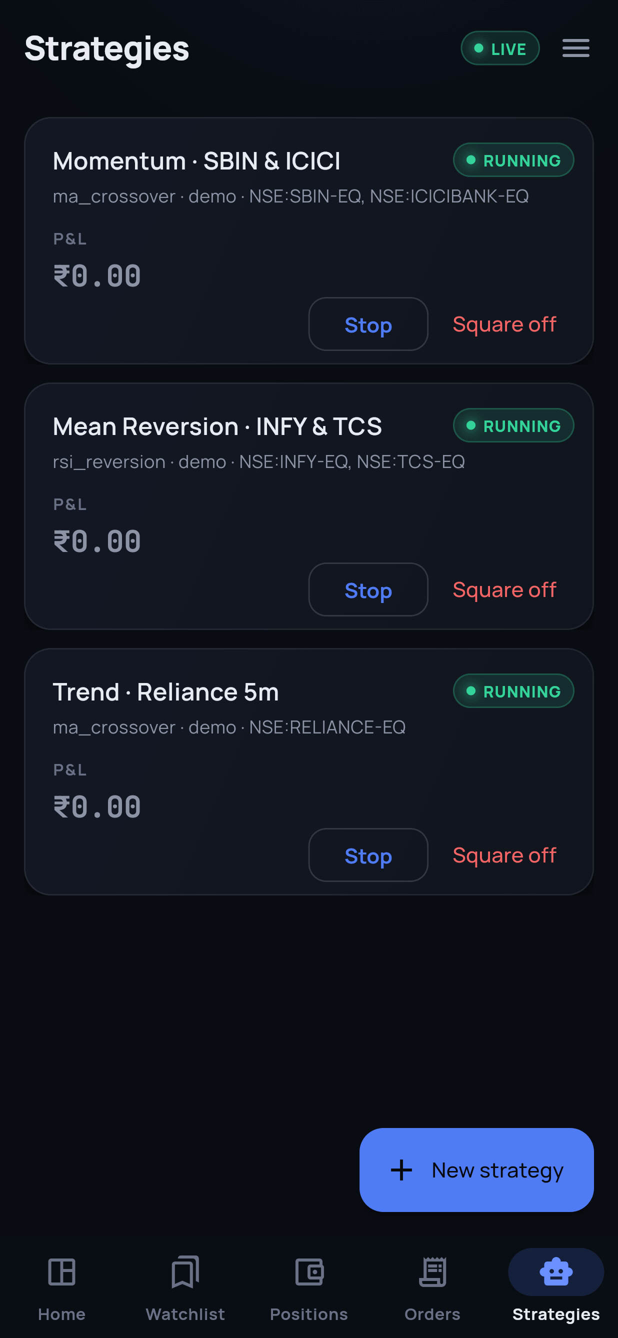 Mobile strategies list with run controls