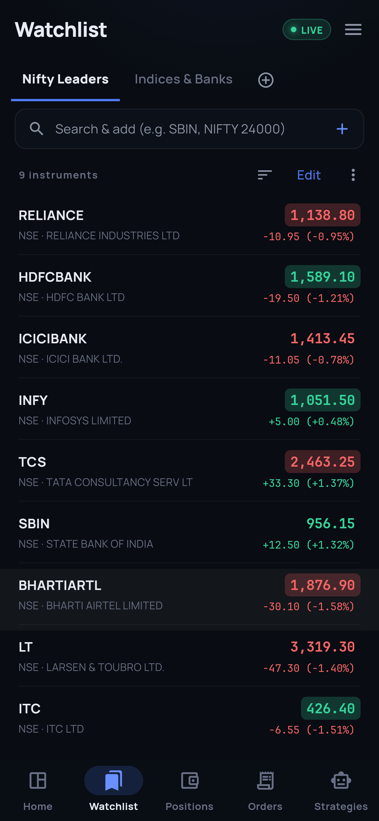 AlgoStripe mobile app: live watchlist with prices and daily change