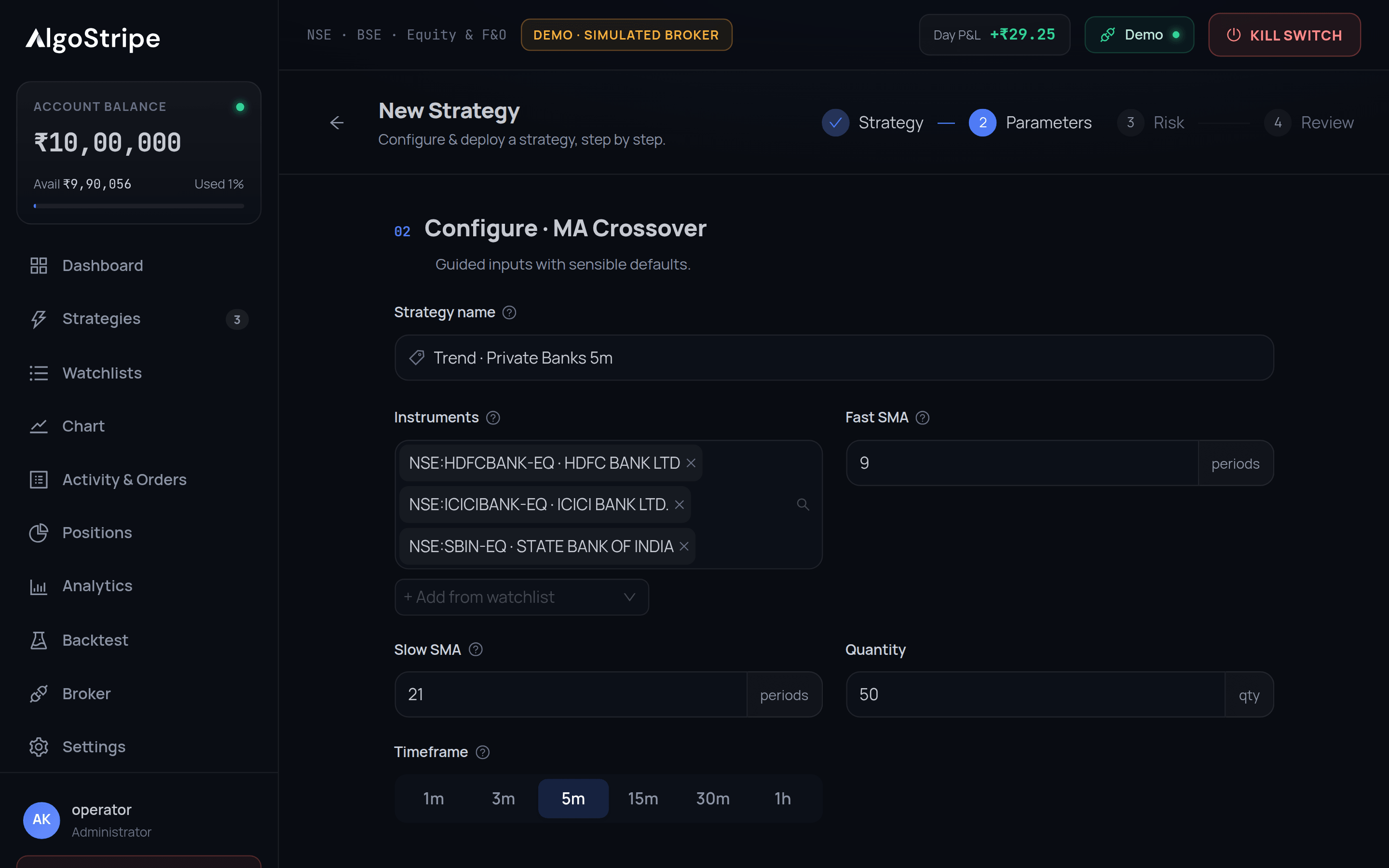 New strategy setup with instruments, moving average periods, quantity and timeframe