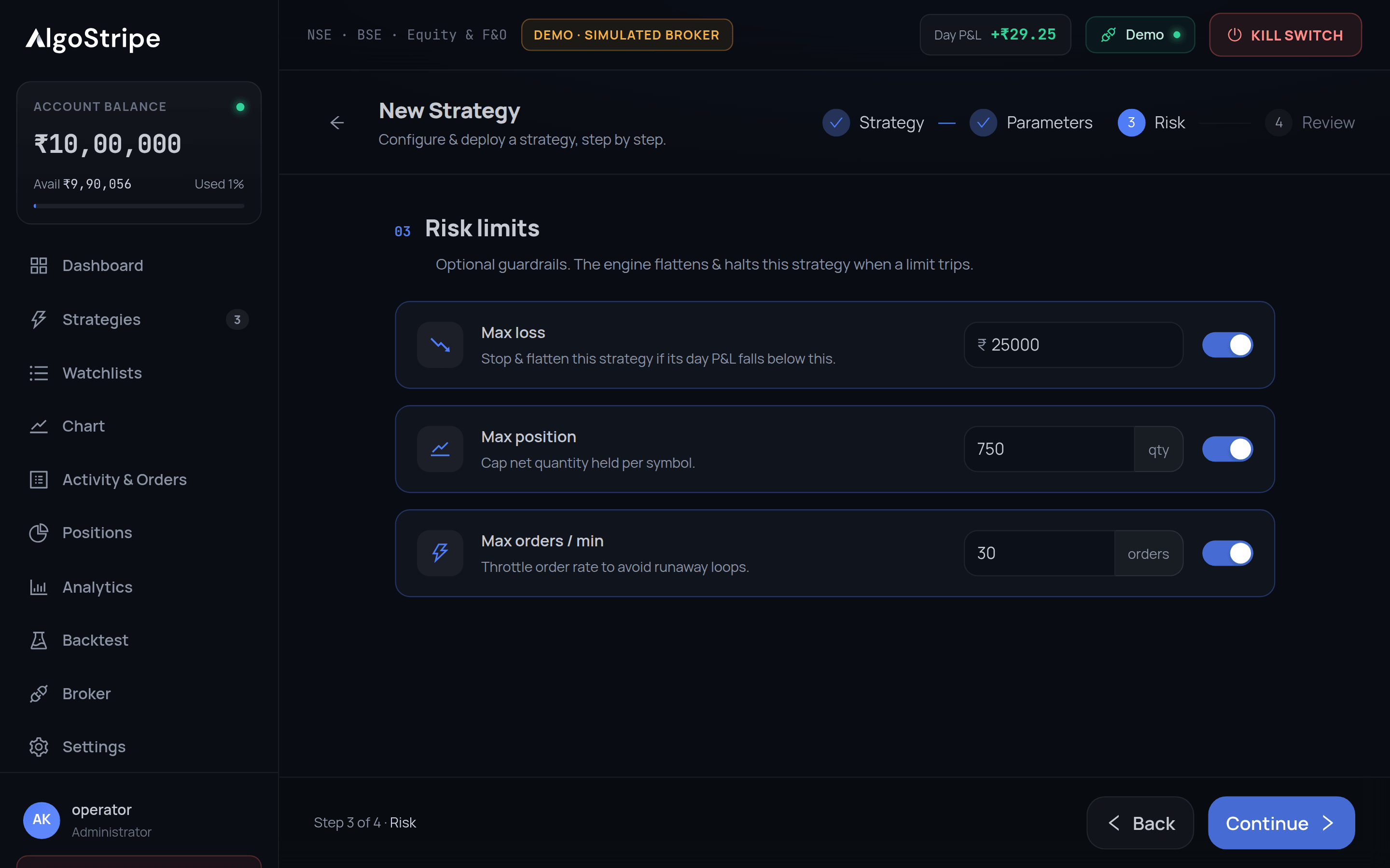 Risk limits step: max loss, max position and max orders per minute